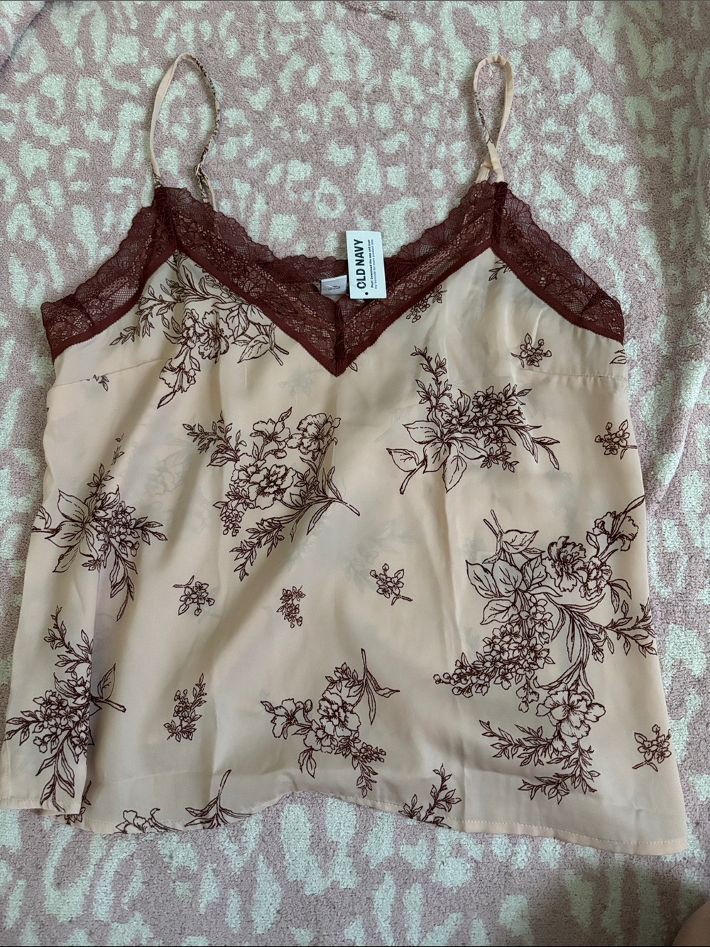 Old Navy Beige Floral Cami with Brown Lace Trim